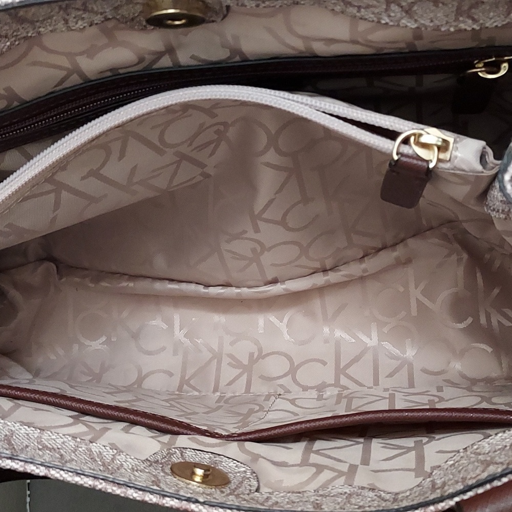 Calvin Klein Beige and Brown Monogram Satchel Bag - Picture 6 of 7